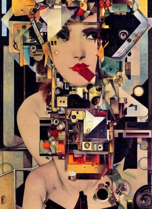 Prompt: cute punk goth fashion fractal mecha blonde girl wearing a television tube helmet and kimono made of circuits and leds, Techno surreal Dada collage by Man Ray Kurt Schwitters Hannah Höch Alphonse Mucha Beeple