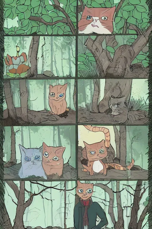 Image similar to a graphic novel comic about cats in the forest, by mike holmes, manga, webcomic