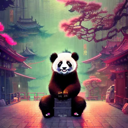 Image similar to a beautiful hyperdetailed character design 4 k wallpaper illustration of a cute panda with a chinese lion dance head victo ngai cyberpunk style, from china, style of studio ghibli, makoto shinkai, raphael lacoste, louis comfort tiffany, artgerm, james jean, ross tran, chinese style