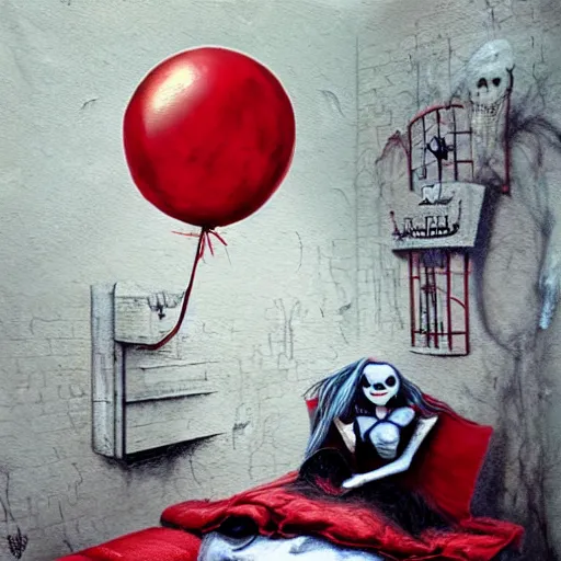 Image similar to grunge painting of underneath your bed with a wide smile and a red balloon by chris leib, loony toons style, pennywise style, corpse bride style, horror theme, detailed, elegant, intricate, conceptual, volumetric light