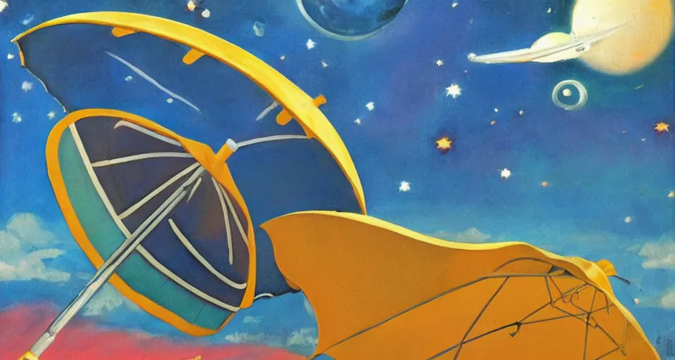 Image similar to giant umbrella in space, seen from earth, art deco painting