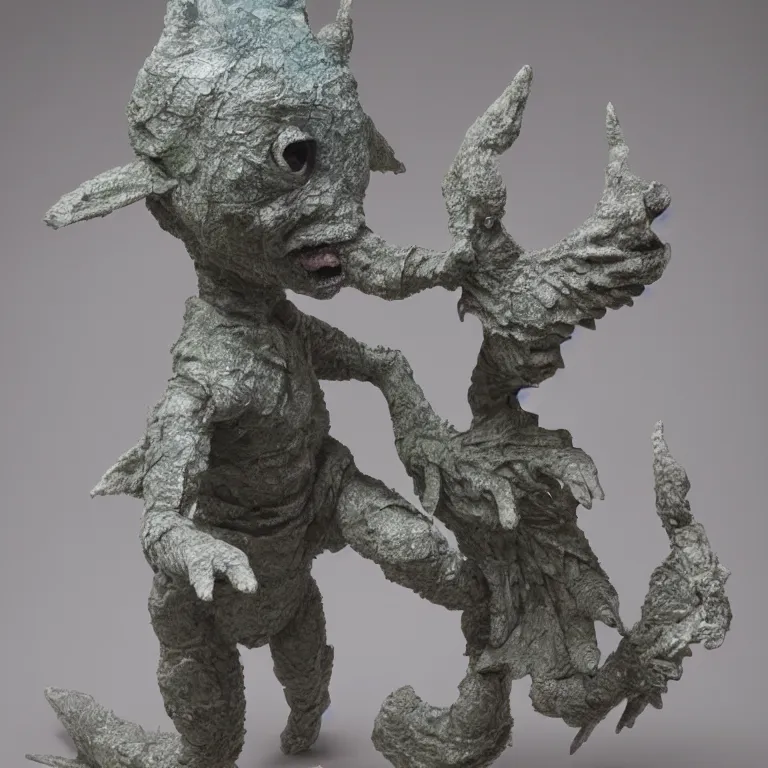 Image similar to hyperrealistic sculpture of a stone fossilized chibi ultraman kaiju dusted with opalescent spraypaint and ferns in a nylon grid cage on a pedestal by ron mueck and duane hanson and lee bontecou, hyperrealistic dramatic colored lighting trending on artstation 8 k