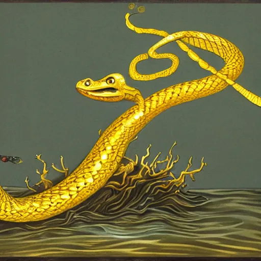 Prompt: a golden serpent in the sea spitting venom