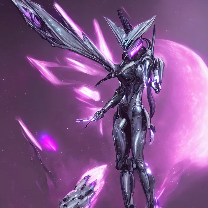 Image similar to cinematic shot, bust, cosmic sized perfectly proportioned stunning hot female warframe, robot mecha female dragon head, silver armor, fuschia leds, floating in empty space, nebula sized, holding a galaxy, epic proportions, epic size, epic scale, furry art, dragon art, giantess art, warframe fanart, furaffinity, deviantart