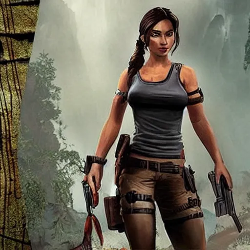 Image similar to give me lara croft wearing batik!