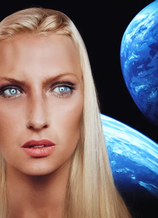 Image similar to closeup portrait of a blonde alien plejaren woman inside a spaceship wearing a space uniform, depth of field, zeiss lens, detailed, symmetrical, centered, fashion photoshoot, by annie leibovitz and steve mccurry, david lazar, jimmy nelsson, breathtaking, 8 k resolution, extremely detailed, beautiful, establishing shot, artistic, hyperrealistic, beautiful face, octane render
