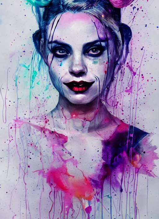 Prompt: harley quinn by agnes cecile, luminous design, pastel colours, ink drips, autumn lights