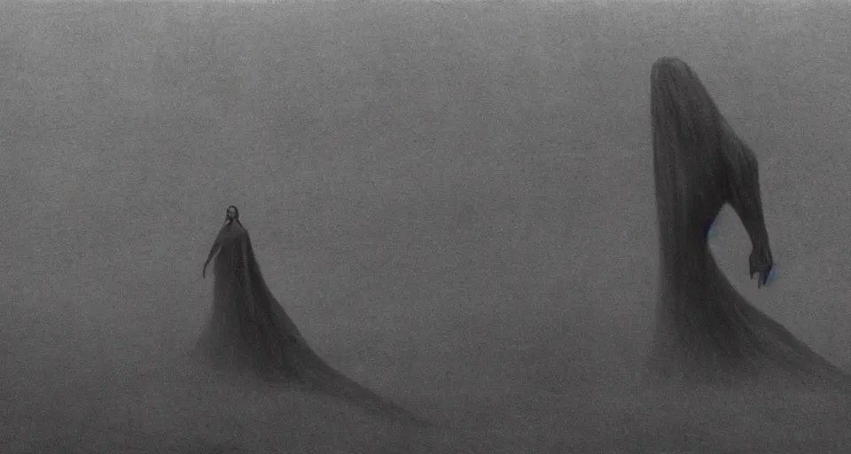 Prompt: film still of a movie about a creature in the night directed by Zdzisław Beksiński