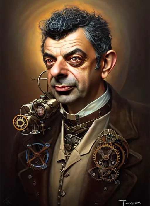 Image similar to steampunk portrait of rowan sebastian atkinson, fractal background, by tomasz alen kopera and peter mohrbacher