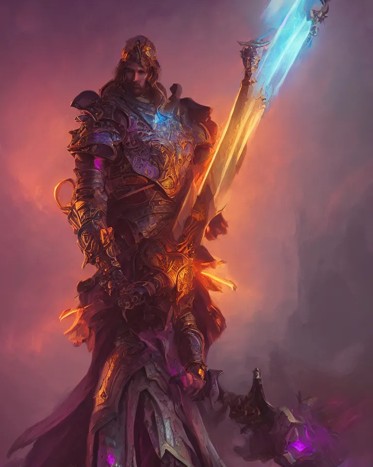 Image similar to portrait of fantasy paladin wielding a sword with purple flames, intricate baroque armour, glowing aura, trending on artstation, 4 k, greg rutkowski, concept art, matte painting