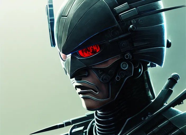 Image similar to a film portrait of a cyborg ninja raiden, finely detailed features, closeup at the face, sharp focus, perfect art, warzone background, cinematic lighting, intricate, anime, illustration, artstation, trending on pixiv fanbox, painted by greg rutkowski, studio ghibli, yoji shinkawa, hayao miyazaki,