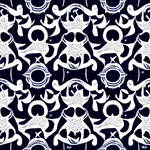 Image similar to a mystical pattern out of stars, the moon and the sun, border pattern, seamless pattern, dark blue and white