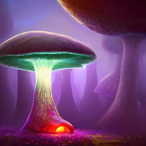 Prompt: dramatic view of a gigantic glowing mushroom towering over a small forest, colored fog, dramatic lighting, ultra detailed, sharp, ambient occlusion, bloom, raytracing, vibrant, vivid colors, 3 d artstation render, cgsociety, by dylan cole and jordan grimmer
