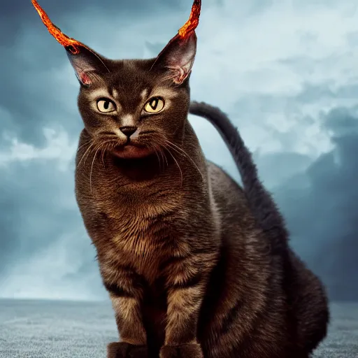 Image similar to evil cat with horns on its head sitting on a burning throne, the lord of hell, vast expanse of hell background, cat satan, highly detailed photo