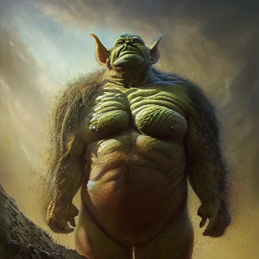 Image similar to a hyperrealistic illustration of a mix of an oger and giant and goblin, 8 k ultra realistic creature, detailed intricate, with fractal sunlight, award - winning, masterpiece, in the style of tom bagshaw, cedric peyravernay, peter mohrbacher