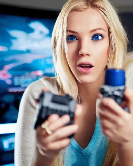 Image similar to a cute beautiful blonde woman with blue eyes playing game, holding controller, watching television displaying call of duty, intricate detail, cinematic composition