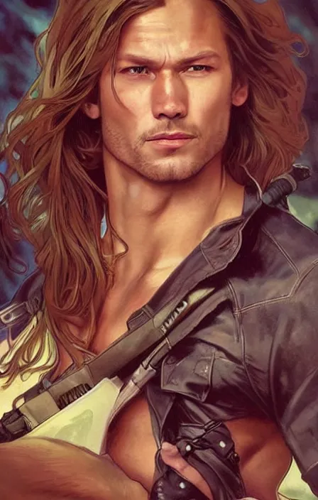 Prompt: photorealistic, canon eos 5 d mark iv, pretty muscular sam winchester as a character in romance book art design, character concept, sharp focus!, ultra detailed, art by artgerm alphonse mucha, wlop