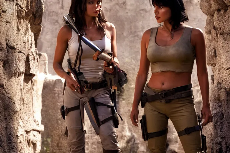 Image similar to Isabela Merced as Dora the Explorer wearing and Angelina Jolie as Lara Croft standing in an ancient temple, high resolution film still, movie by Simon West