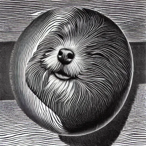 Image similar to self portrait of a havanese dog reflecting into a chrome sphere held by a dog's paw, pen on paper, by mc escher