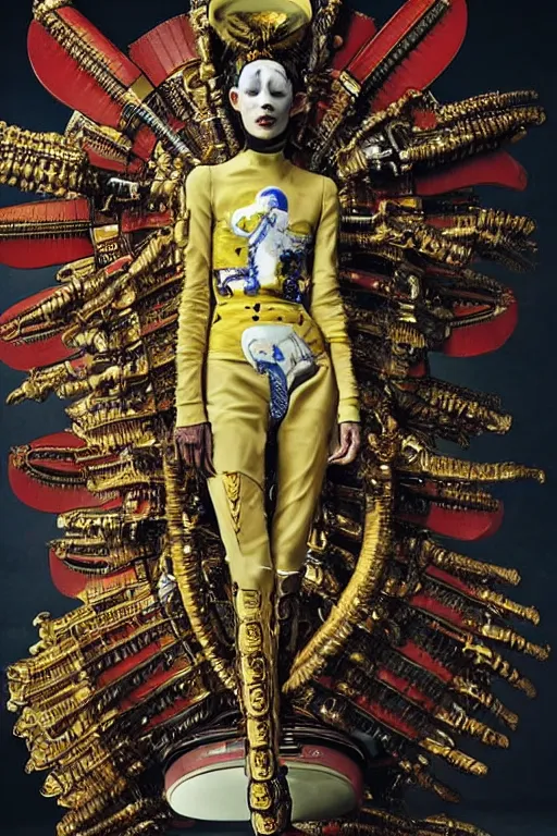 Image similar to kodachrome still symmetry frame from Alien Covenant movie by Takashi Murakami, Count Orlok wearing Polish Winged Hussars armor made with porcelain dressed by Salvatore Ferragamo and by Chanel, haute couture painted by Peter Paul Rubens and by John Baeder by Jean-Michel Basquiat, editorial fashion photography, from vogue magazine