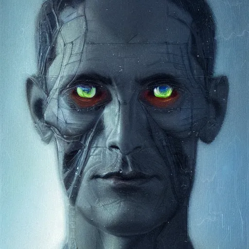 Prompt: surreal portrait of a man by Greg Rutkowski, symmetrical face, he is about 50 years old, short black hair with bangs, his features are a mix between French, Turkish and Russian, transformed into a kind of biomechanical transhuman god, blue glowing eyes, expression of epiphany and determination, cosmic void background, frightening, fascinating, highly detailed portrait, digital painting, book cover, artstation, concept art, smooth, sharp foccus ilustration, Artstation HQ