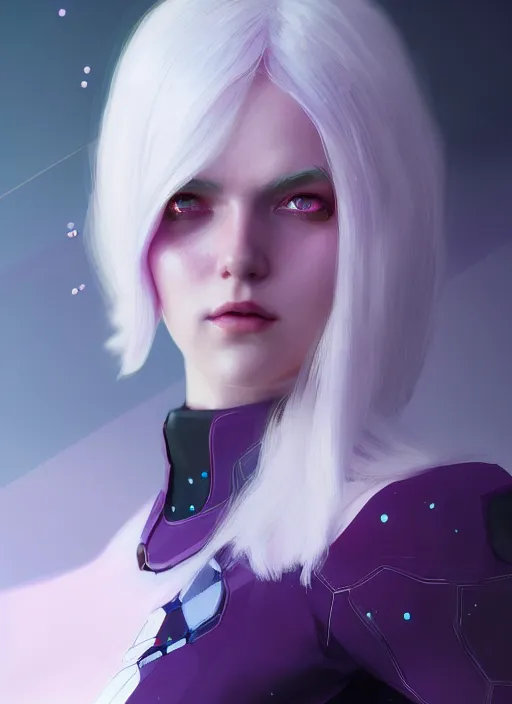 Prompt: a beautiful white - haired girl with purple eyes dressed as a superhero, intricate, elegant, highly detailed, digital painting, artstation, concept art, smooth, sharp focus, illustration, ethereal, misty, by ilya kuvshinov and jeremy mann, 8 k, octane render