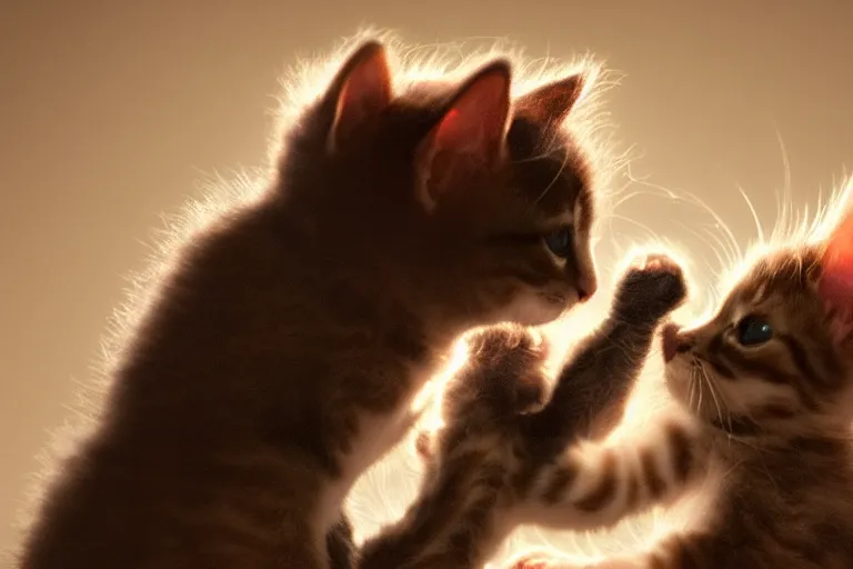 Image similar to A professional photo of two kittens play-fighting each other; high-quality, dramatic lighting, extremely high detail, trending on artstation