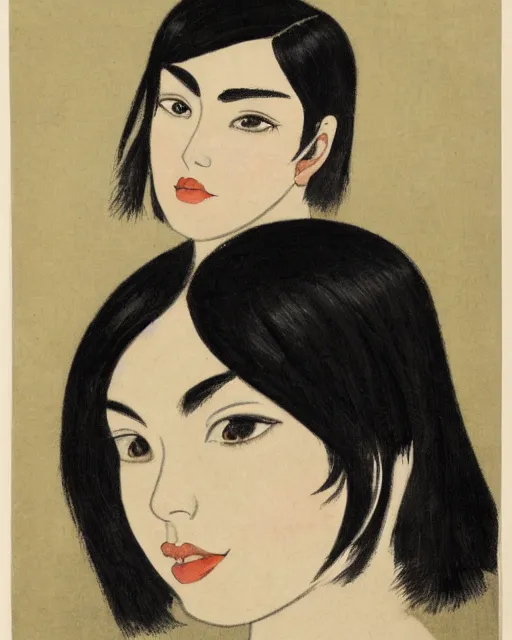 Prompt: a portrait of a young woman with shoulder length black hair, dark eyes, thick eyebrows, slightly chubby, pale skin, pretty, cute, by nakamura asumiko