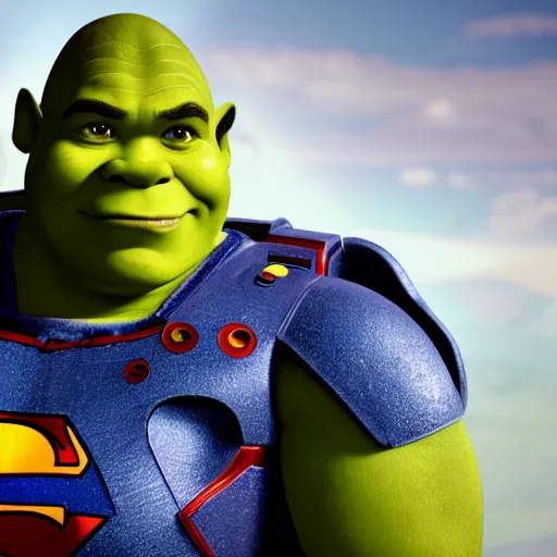 Image similar to shrek as superman in halo 5, splash art, movie still, cinematic lighting, dramatic, octane render, long lens, shallow depth of field, bokeh, anamorphic lens flare, 8 k, hyper detailed, 3 5 mm film grain