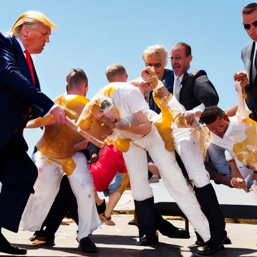 Image similar to donald trump hitting people with pudding, pudding stained clothes, golden hour, boardwalk