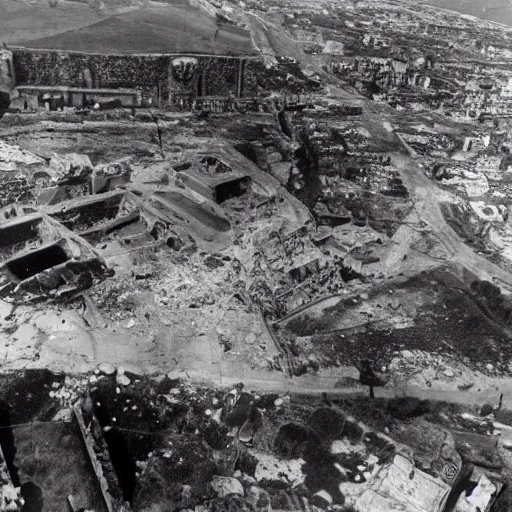 Image similar to an aerial photo of bombed italy, with bomb falling down, explosion, ruins, fire,