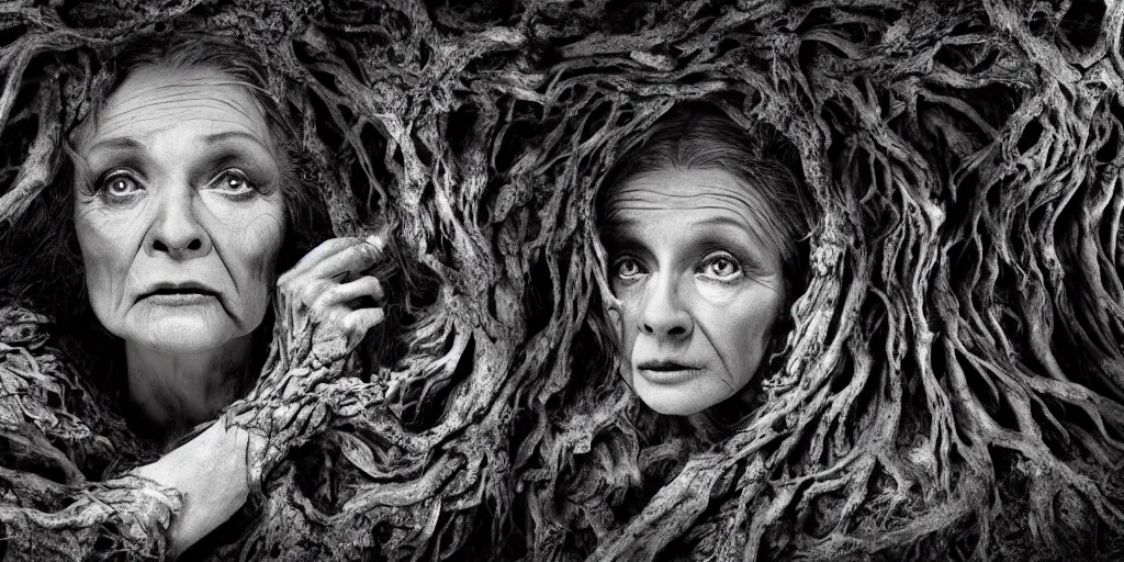 Prompt: photography of old ugly witch with rotten face monster living in a root cave, edelweiss growing from her head, forest, dolomites, alpine, detailed intricate insanely detailed octane render, 8k artistic 1920s photography, photorealistic, black and white, chiaroscuro, hd, by David Cronenberg, Raphael, Caravaggio