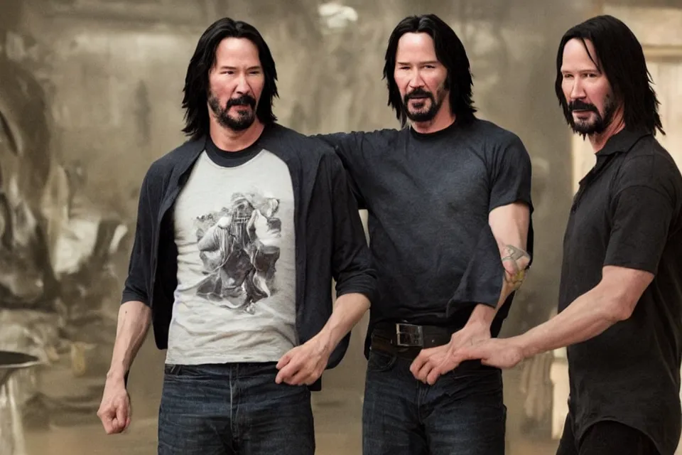 Image similar to film still of keanu reeves holding a t - shirt with keanu reeves on the sleeves in the new fantasy movie