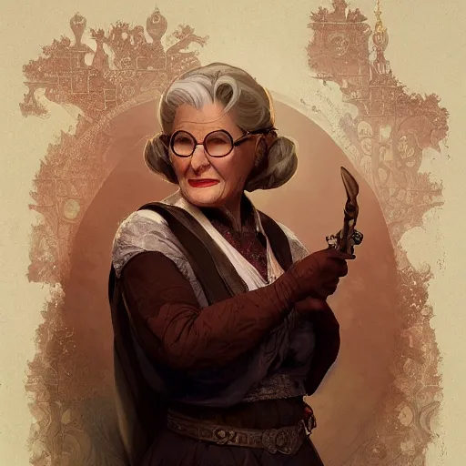 Image similar to mrs doubtfire as a rogue, d & d, fantasy, intricate, elegant, highly detailed, digital painting, artstation, concept art, matte, sharp focus, illustration, art by greg rutkowski and alphonse mucha