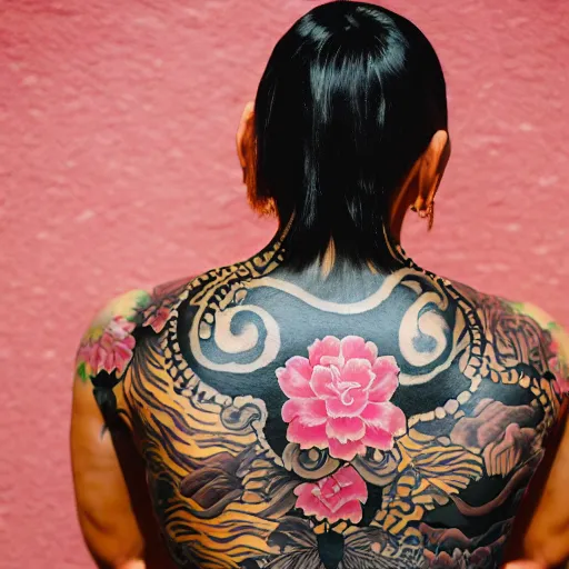 Image similar to photography of the back of a woman with a black detailed irezumi tatto representing a gold tiger with pink flowers on her entire back, dark hangar background, mid-shot, editorial photography