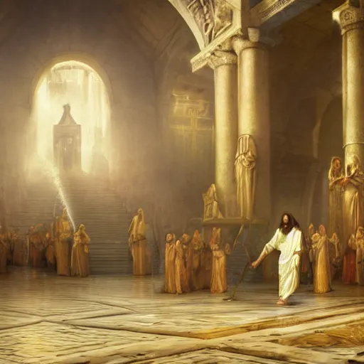 Prompt: a detailed picture of jesus cleansing the temple, thrown tables, scattered gold coins, fleeing merchants, fantasy, intricate, elegant, highly detailed, digital painting, artstation, matte, sharp focus, illustration, art by greg rutkowski and rembrandt, in a vaporwave style