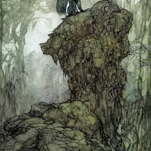 Prompt: a troll on a rock in a forest, dramatic lighting, fluid, smooth, bright, colours, very detailed, by briand froud and arthur rackham and john bauer