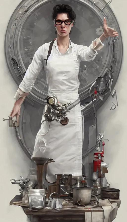 Image similar to crazy inventor, sweaty, white dity apron, goggles, insane, intricate, highly detailed, digital painting, artstation, concept art, smooth, sharp focus, illustration, Unreal Engine 5, 8K, art by artgerm and greg rutkowski and alphonse mucha