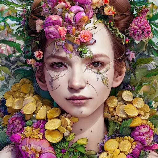 Image similar to the portrait of an absurdly beautiful, graceful, elegant, chaste, young woman made of petals and bananas looking up, an ultrafine detailed illustration by kim jung gi, irakli nadar, intricate linework, bright colors, octopath traveler, final fantasy, angular, unreal engine 5 highly rendered, global illumination, radiant light, detailed and intricate environment