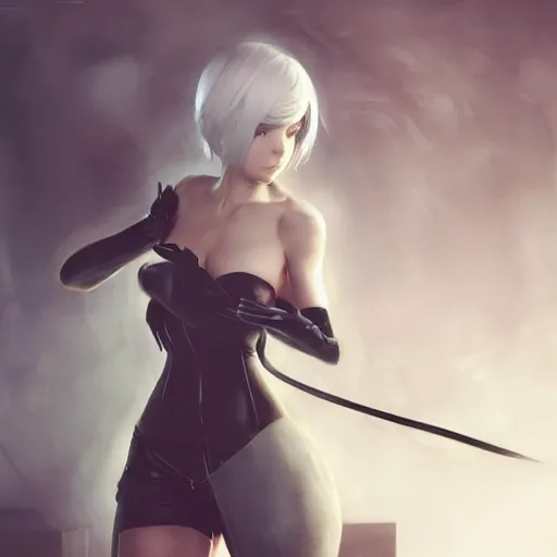 Prompt: 2B nier automata, anatomy, detailed, digital painting, artstation, concept art, Unreal Engine 5 render, 8K, art by art by artgerm and greg rutkowski and edgar maxence