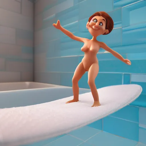 Prompt: 3 d render of a tiny woman wearing a towel surfing in a bathtub in pixar style