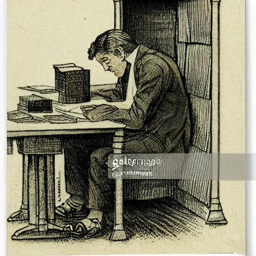 Prompt: tired man sitting behind a desk in a cubicle, papers stacked high by charles maurice detmold