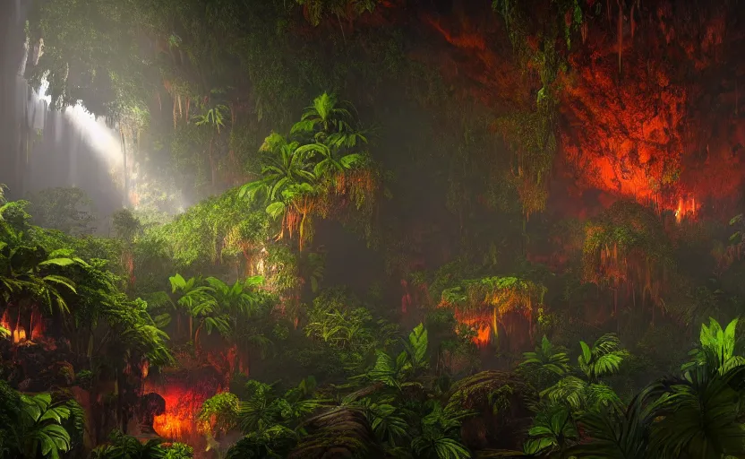 Image similar to a beautiful render of a dark prehistoric rainforest in a humongous cave, lush flora, patches of yellowish - red - magenta sky, sunset lighting, fireflies, floating mountains and a waterfall in the background, intricate detail, hazy, humid, volumetric lighting, god rays, 8 k, photorealistic, raytracing effects, unreal engine 5