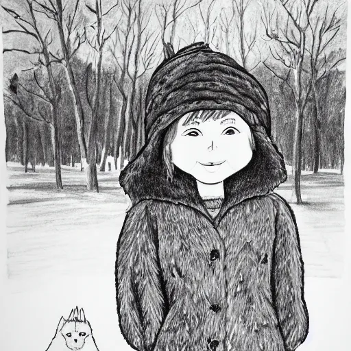 Prompt: a black and white ink drawing of a freckled ten year old girl named lucy in winter fur park and and a fur hat, ( ( ( ( smiling ) ) ) ), ( ( ( ( ( ( waving hand ) ) ) ) ) )