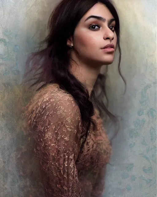 Image similar to a highly realistic, true to life portrait of a beautiful young middle eastern girl, soft focus, from the waist up, with sharp features, a beautiful face, soft smile, under studio lighting, taken with a canon eos camera with 1 3 5 mm focal length by karol bak, james jean, tom bagshaw, rococo, sharp focus, trending on artstation,