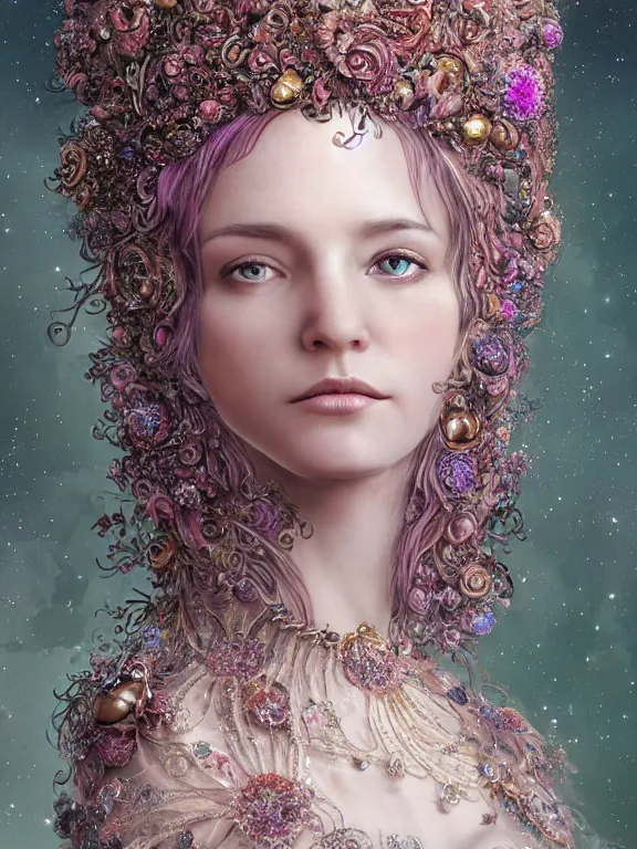 Prompt: a beautiful portrait render of baroque young lady who has perfect human face and dramatic headdress with intricate fractals of flowers and star made of crystals, by Billelis and aaron horkey and peter gric and Nekro and Virginie Ropars,ZBrush,hyperreal,pearlescent,jewelry,gold,pink,maximalist