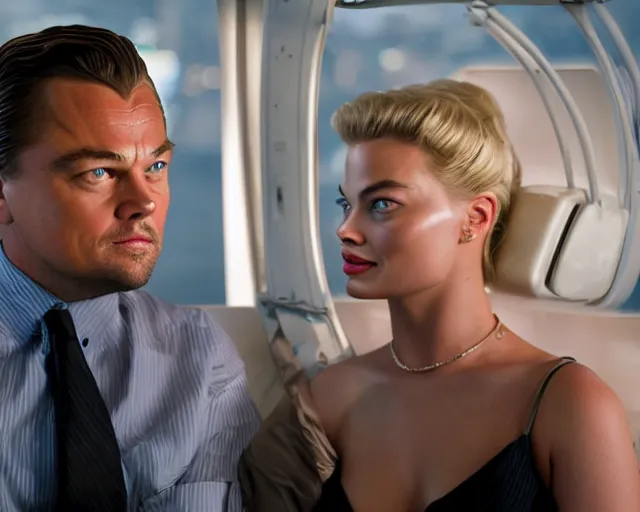 Image similar to leonardo dicaprio as the wolf of wall street next to margot robbie as naomi from the wolf of wall street in a helicopter, hyper realistic faces, beautiful eyes, cinematic, long shot, hyper detailed, 8 5 mm photograph, 8 k resolution, film still, sharp lens, wide lens