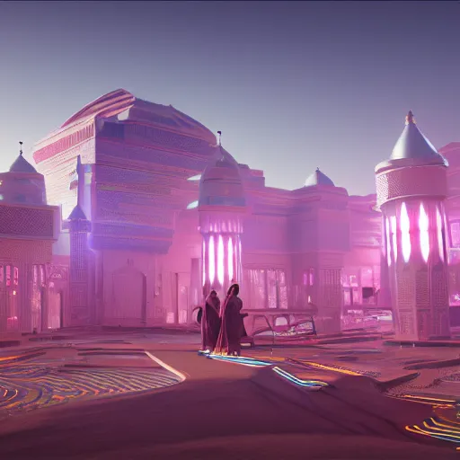 Image similar to Futuristic Marrakech Morocco, in the style of beeple and Mike Winkelmann, photo real, ultra realistic, intricate, epic lighting, 8k resolution, unreal engine 5, ultraviolet colors