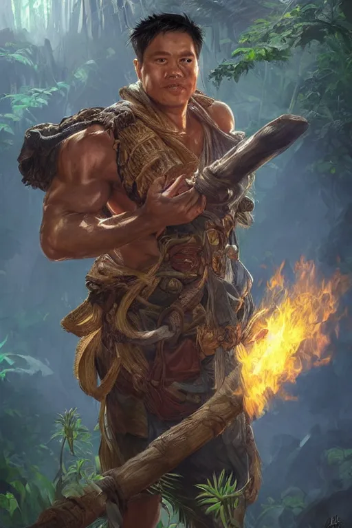 Image similar to full character concept art, doug marcaida holding a kampilan, dense jungle, forge, fire and sparks, it wil keel!!, detailed, high quality, dynamic lighting, dark fantasy. artwork by artgerm, wlop, alex ross, greg rutknowski, alphonse mucha