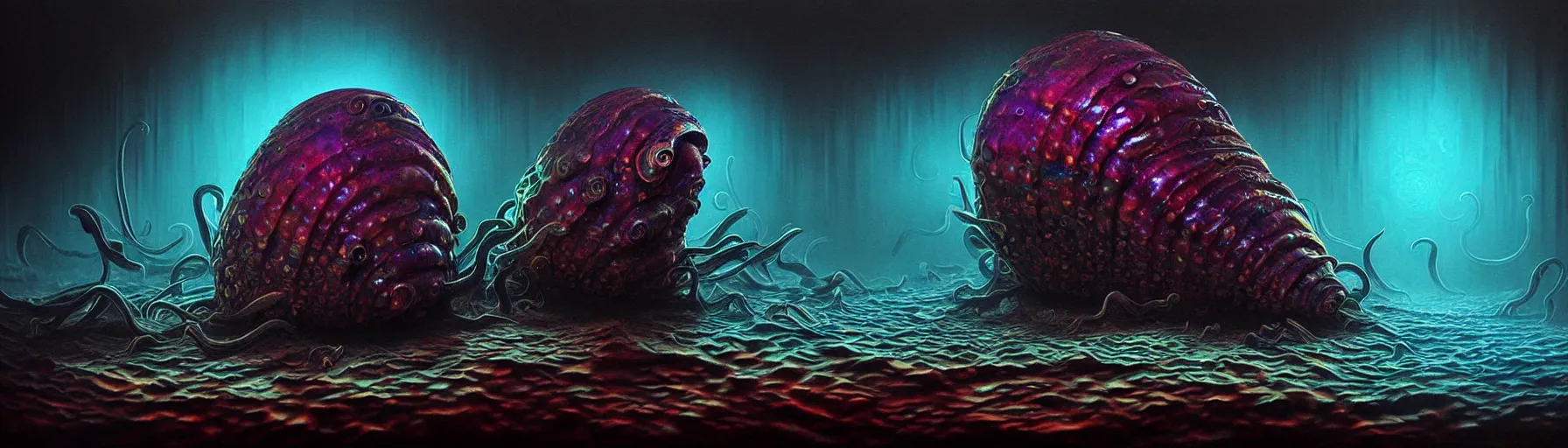 Prompt: strange cuttle fish like creatures from the depths of the imaginal realm, dark eerie dramatic lighting, detailed and atmospheric surreal darkly colorful painting by ronny khalil